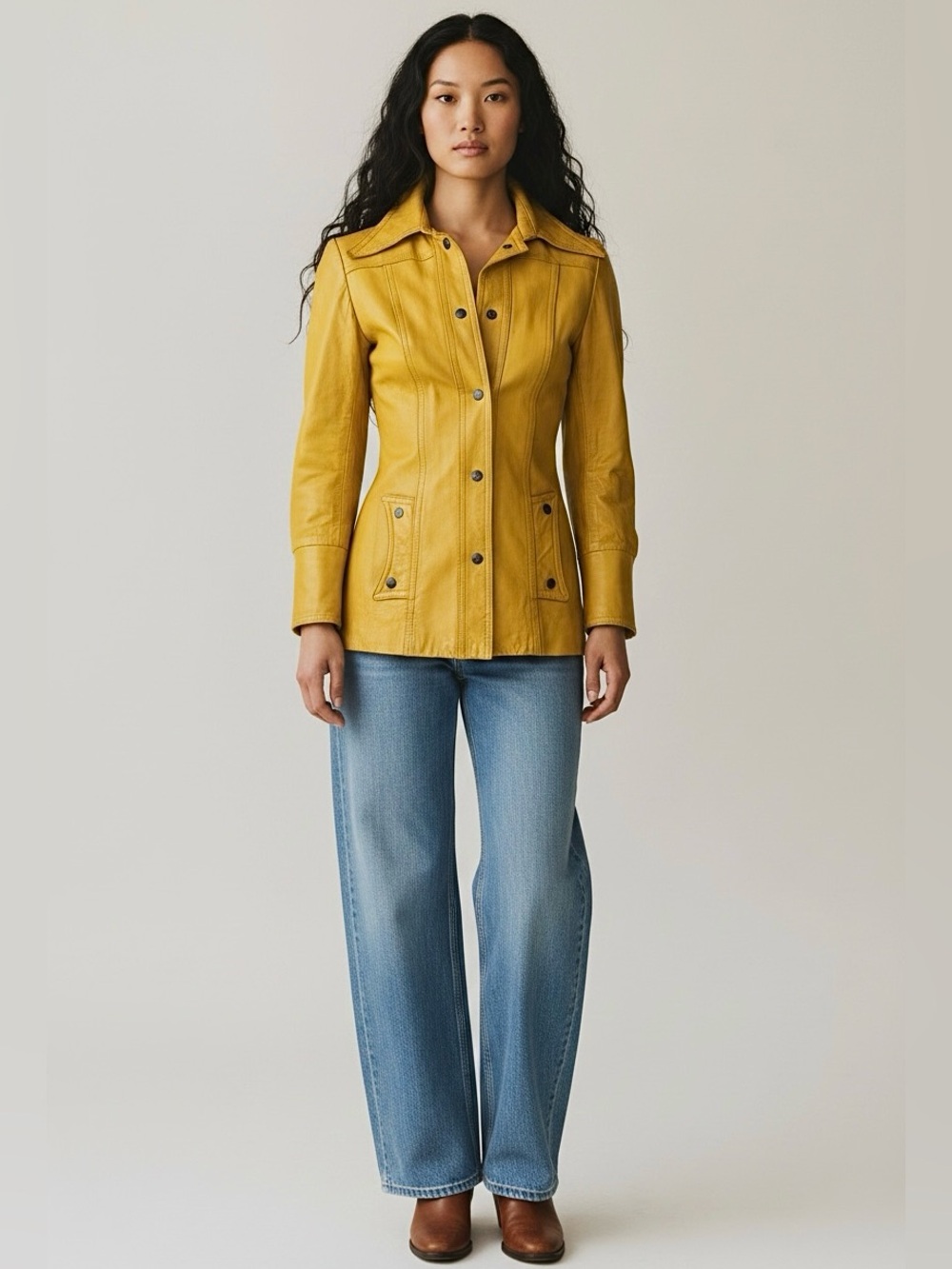 70s LEATHER Yellow Gold Dagger Collar Snap close shirt Jacket / XS